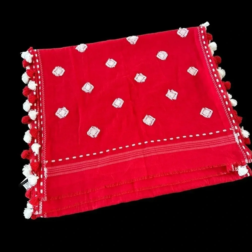 J‎ Crew one Size Red White Rectangular Scarf Tassel Trim Valentines Day Summer